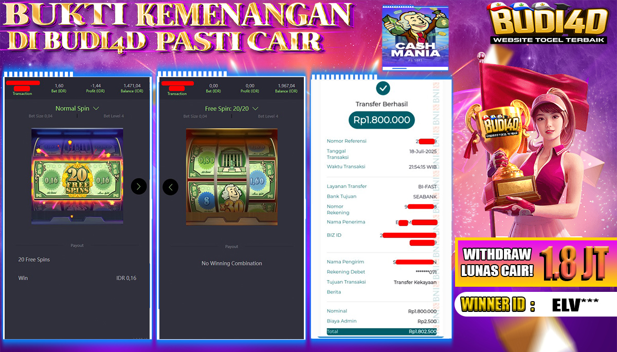 BUDI4D JACKPOT USERID: ELV**** SLOT PGSOFT CASH MANIA Rp.1.800.000,- LUNAS